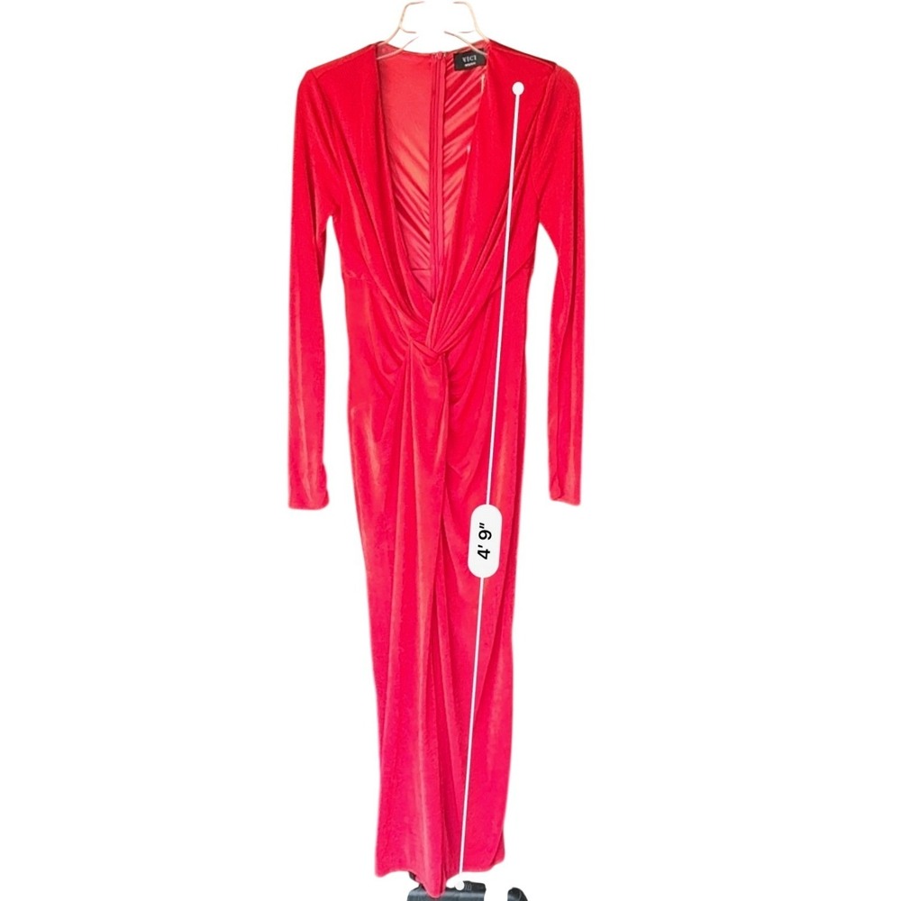 VICI Red Twist Front Deep V-Neck Long Sleeve Maxi Dress Shimmer Formal Gown M - Picture 7 of 7